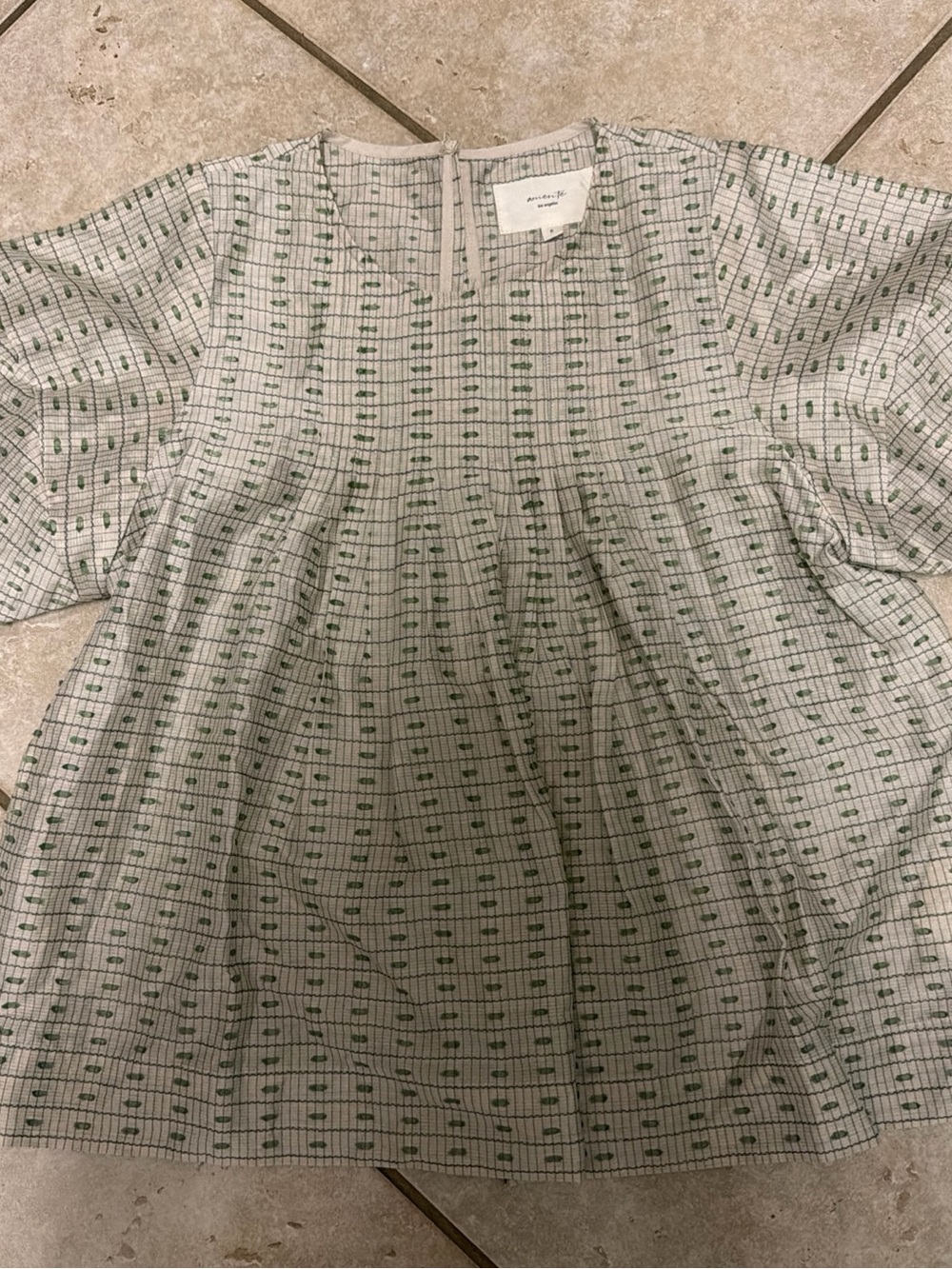 Amente Los Angeles Pleated Short-Sleeve Top in White with Green Pattern